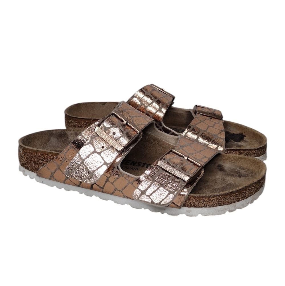 Birkenstock Arizona Metallic Rose Gold Croc-Embossed Sandals Sz 7
